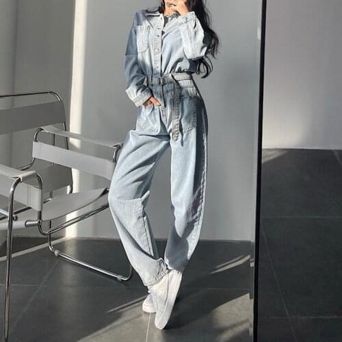 TVVOVVIN High Street Fashion Korean Clothing For Women Lapel Multi-pocket Sashes Tooling Style Denim Jumpsuits BM32