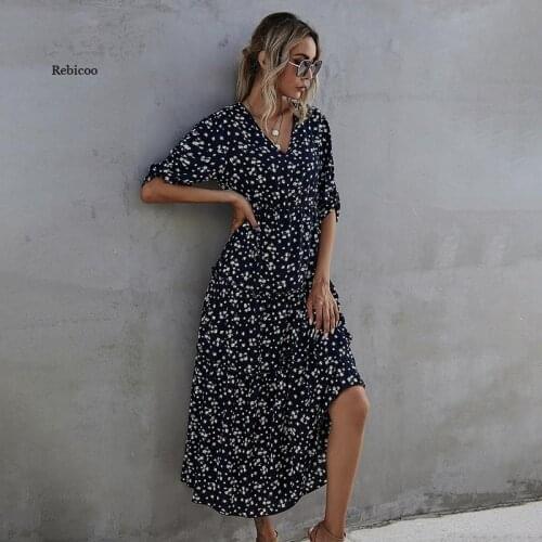 Women Spring Summer Half Sleeve Print Long Dress New Casual V Neck High Waist Slim Ladies Temperament Maxi Dresses