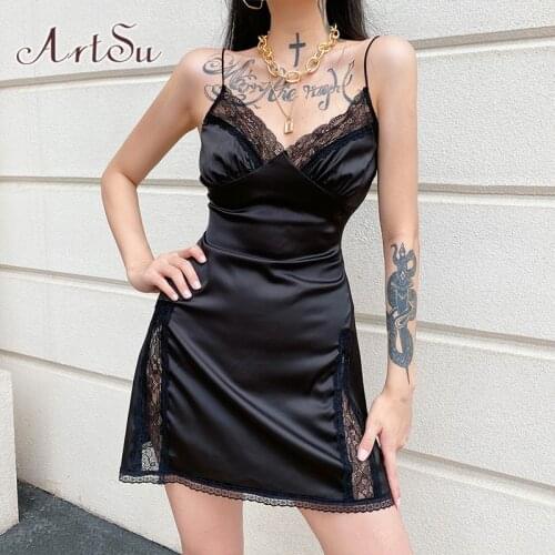 ArtSu E-Girl Sweet Spaghetti Strap Lace Satin Cami Dresses Vintage Deep V Neck A-Line Sexy Party Dress Y2K Outfits Black DR52295