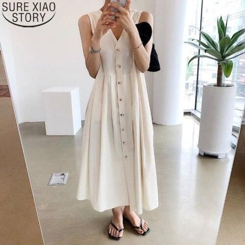 Maxi Dresses for Women Dress Summer 2021 Vintage Single Breasted V-neck Sleeveless Midi Long Dress Temperament Holiday 14309