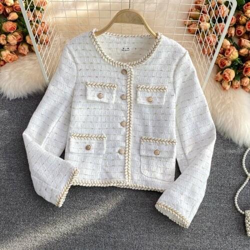 Ladies Casual Tweed Short Coat Autumn Winter OL Work Wear Bright Silk Woven Single-breasted Long-sleeved Womens Jacket
