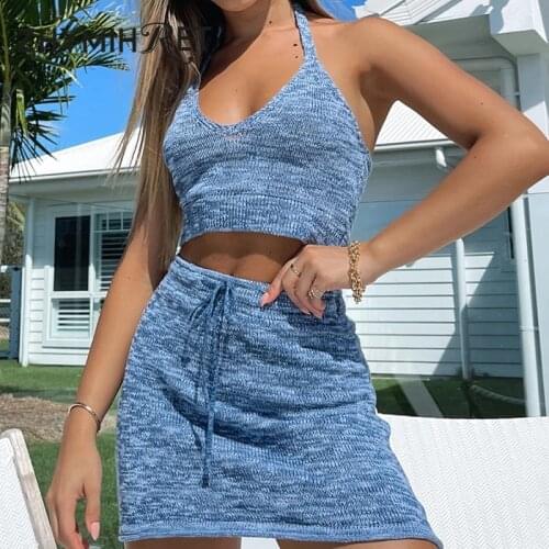 ZHYMIHRET Y2K Knitted Halter Tank Top And High-waisted Skirt Two Pieces Set Sexy Backless Beach Summer Dress Set Womens Suit