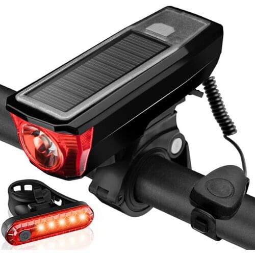 2000mAh 4 Modes USB Rechargeable Solar Smart Bicycle Headlight Taillight Combo with Horn T6 LED Bike Front Light Set Dropship