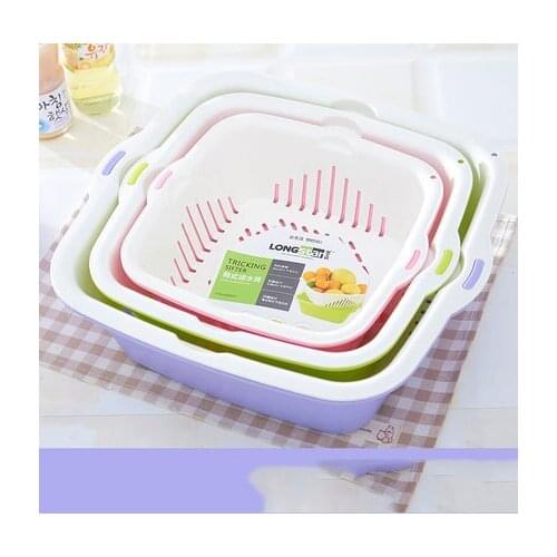3 Pack Washing Basket Double Drain Basket Plastic Kitchen Vegetable Fruit Bowl Household Wash Basin