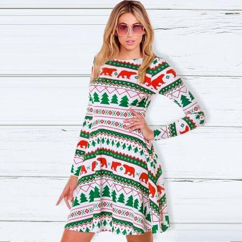 AECU Women Long Sleeve Christmas Dress Women O-Neck Snowflake Deer Dress Winter Autumn Long Pullovers Mini Dress