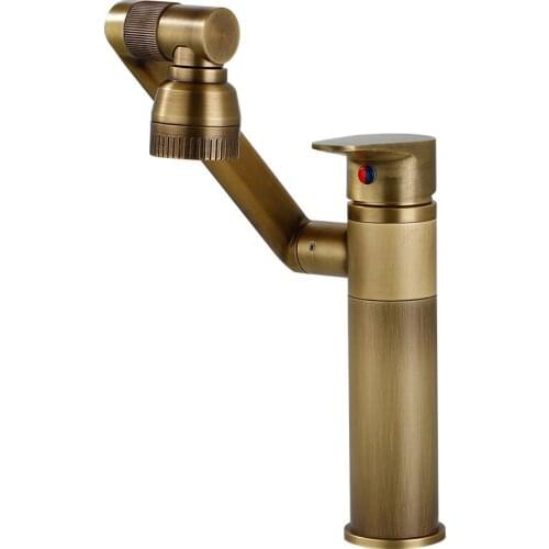 Antique Brass Bathroom Basin Faucets Sink Mixer Vessel Crane Taps Hot & Cold Deck Mounted Single Handle Rotating Unique Design