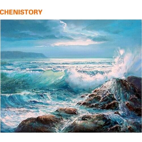 CHENISTORY 60x75cm Frame Wave DIY Painting By Numbers Kit Landscape Coloring By Numbers Acrylic Canvas Painting For Home Gift