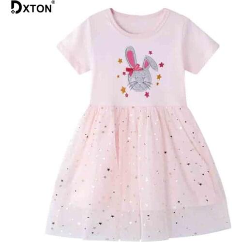 DXTON Girls Dress 2020 Summer Princess Dress Patchwork Girls Clothes Rabbit Girls Party Dress Flower Kids Children Clothing 2-7Y