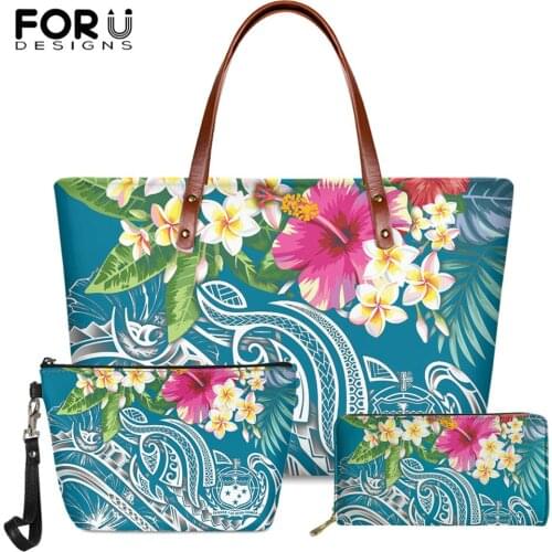 FORUDESIGNS Hibiscus Flower Polynesian Turtle Tattoo Print Luxury Ladies Fashion 3set/pcs Brand Designer Long PU Leather Wallet