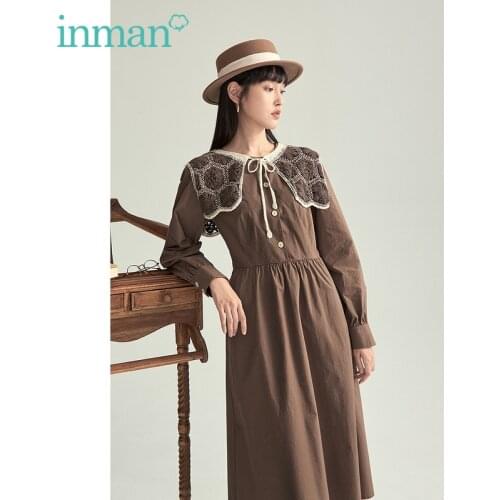 INMAN Autumn Womens Dress Literary Retro Style Splicing Lapel Design Buttons Cuffs A-Line Brown Cotton One-Piece