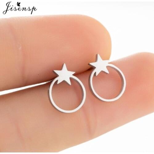 Jisensp Stainless Steel Earrings Minimalist Tiny Star Hollow Round Stud Earrings Everyday Jewelry for Women Mothers Day Gift