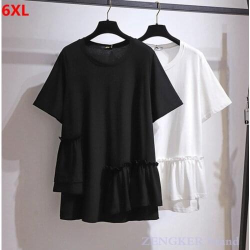 Korean version mid-length thin top ruffle stitching short-sleeved t-shirt summer new plus size womens clothing women black top