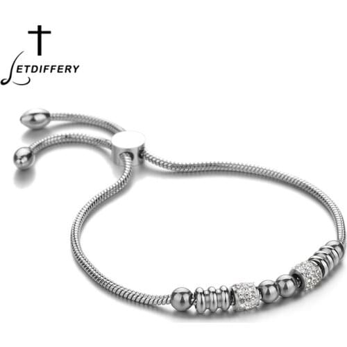 Letdiffery Luxury Crystal Beads Wedding Bracelets Silver Color Stainless Steel Women Snake Link Chain Women Jewelry Gifts