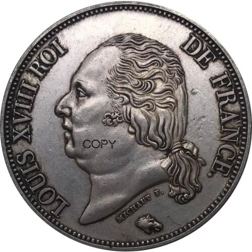 Letter Edge France 1821 I 5 Francs - Louis XVIII Bare Head Coin Metal Cupronickel Plated Silver Copy Souvenir Coins