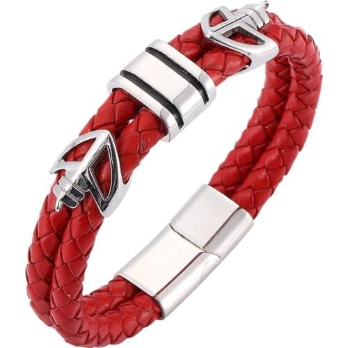 New Style Red Braided Leather Handmade Bracelet Male Jewelry Trendy Stainless Steel Magnetic Clasp Hand Chain Men Gift SP0098