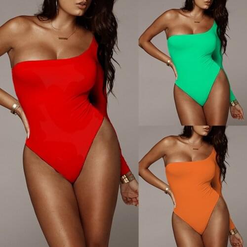 Solid One shoulder swimsuit one piece bikini 2019 Sexy red swimwear women Long sleeve bathing suit women monokini Bodysuit