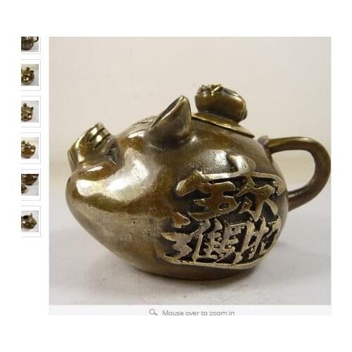 Wholesale factory Decoration Crafts Brass collectible old china copper carved pig shape teapot carved calligraphy