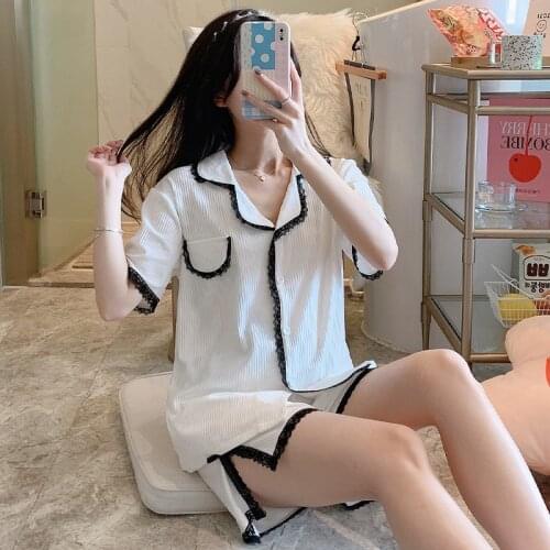 Sexy Black Lace Trim Women Pajamas Sets 2PCS Sexy Notched Pyjamas Sleep Suit Cotton Sleepwear Nightwear Summer Loose Home Wear