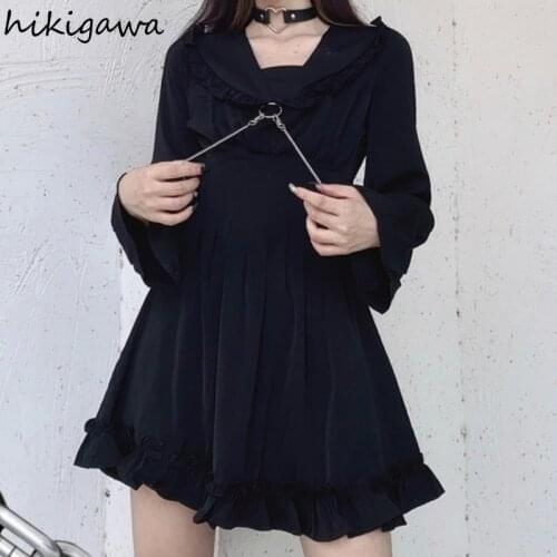 Hikigawa Harajuku Dresses for Women Japanses 2021 Fashion Ruffles Vestido Mujer Long Sleeve Loose Black Chain Plus Size Dress