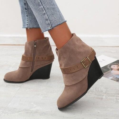 Women Buckle Ankle Boots Big Size 43 Womens Fashion Wedges Woman Casual Zip Pumps Female Footwear Ladies Comfortable Shoes