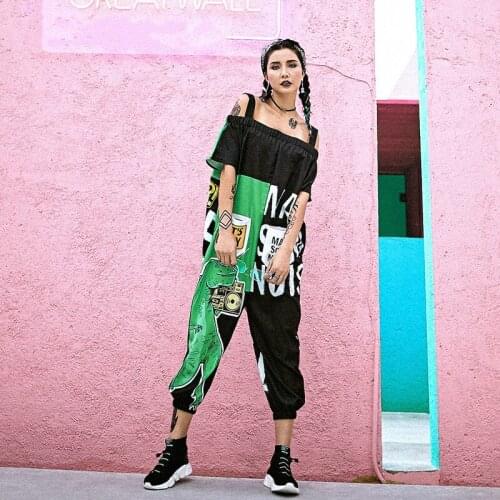 2020 Women Hip Hop Oversize Jumpsuit Dinosaur Cartoon Printed Plus Size Sleeveless Baggy Rompers Overalls Streetwear Dance Pants