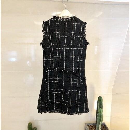 Spring Autumn Ladies Bow Tassel Plaid Tweed Vest Dresses Fashion Sleeveless Slim Womens A-Line Short Dresses Party Wear Clothes
