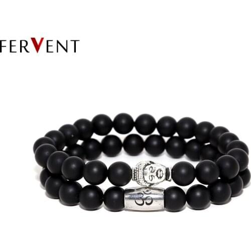 Newest 2 pcs/set Antique Silver Plated Buddha Head stainsteel lotus Charm with Obsidian Beads Bracelet Set Pack For Men Women