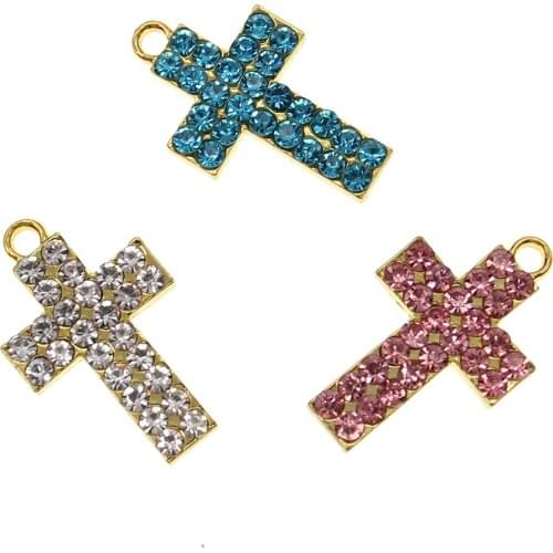 50pcs /lot Rhinestone Gold Plating Alloy Rhinestone Cross Shape Charm For DIY Bracelet /Necklace