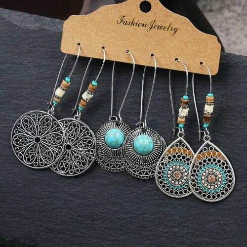 Bohemian Retro Style Alloy Fashion 3-Piece Earrings Round Geometric Pendant Earrings 2020 Gypsy Jewelry