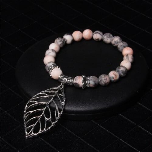 Fashion Pink Zebra Natural Stone Beads Bracelet Leaf Metal Pendant Charm Bracelets For Women Men Bohemia Energy Handmade Jewelry