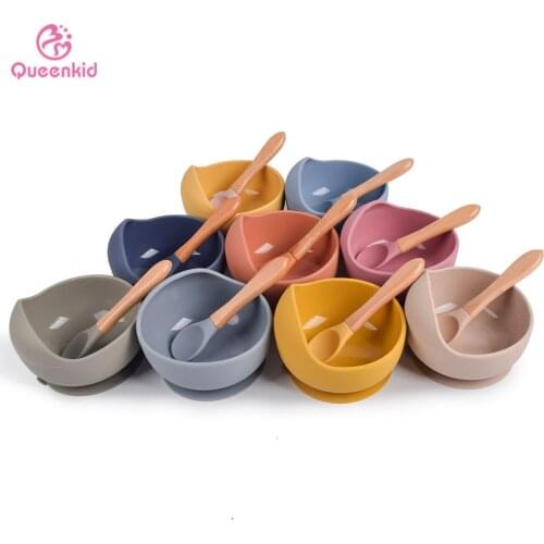 Baby Bowl Spoon Silicone Tableware Childrens Wooden Handle Silicone Spoon Childrens Suction Cup Bowl Baby Silicone Bowl