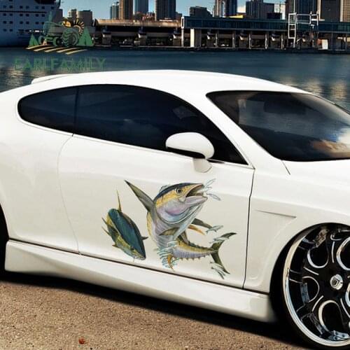 EARLFAMILY 43cm x 30.4cm Car Sticker Yellow Fin Tuna Flying Fish 3D Car Styling Vinyl Graphic Decor Waterproof Car Body Decal