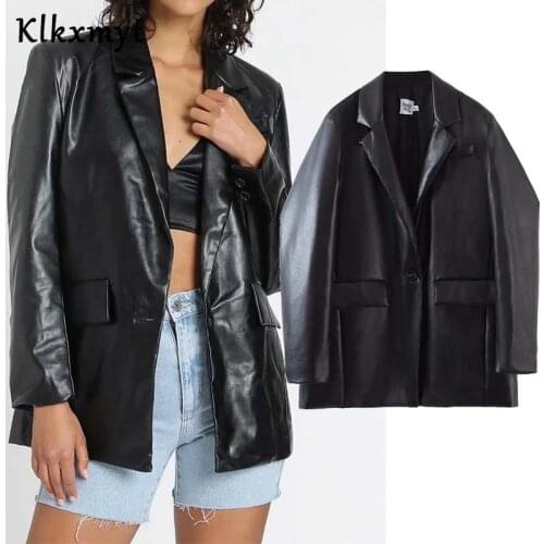 Klkxmyt Za Women 2020 Fashion Single Button Faux Leather Jacket Coat Vintage Long Sleeve Pockets Female Outerwear Chic Tops