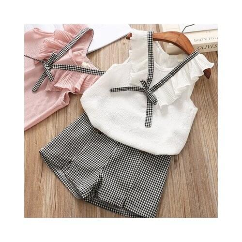 Girls' Clothing Sets 2019 Summer New Girls' Big V-neck Female Baby Chiffon Vest + Hot Pants Two-piece Suits Girls Outfits