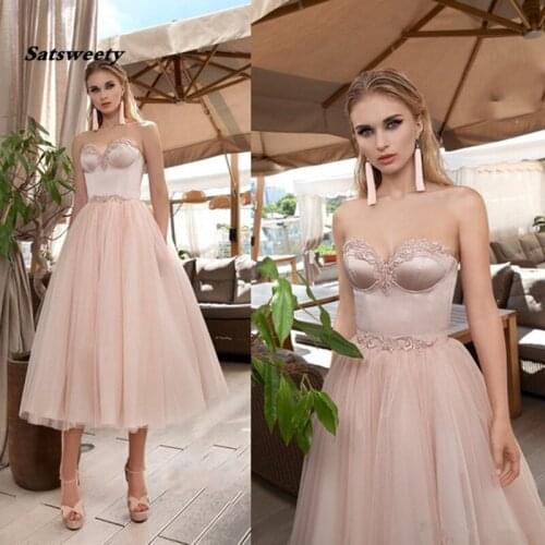 Sweety Pink A-Line Prom Dress Sweetheart Appliqued Tulle Short Evening Gowns Tea-length Tull Formal Gratuation Dress