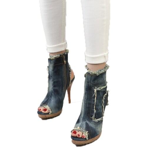 Fashion Summer 2021 Roman Feng Shui Washable Denim for women with cool side zipper open-toe thin heels for women with high heels