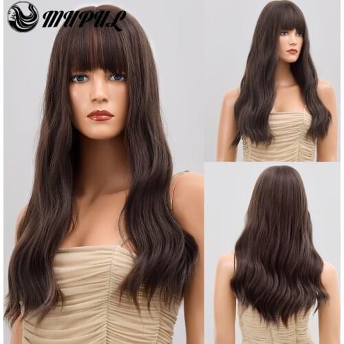 Brown Long Wave Synthetic Wig With Bangs For White Women Natural Fiber Daily Hair Heat Resistant Cosplay Female Colored Wigs