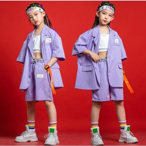 2 Pcs Kids Cool Hip Hop Clothing Purple BlazerT Shirt Streetwear Shorts For Girl Boy Concert Jazz Dance Costume Clothes Set