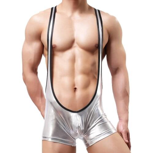 Sexy Mens Underwear PU Leather Bodysuits Leotard Jumpsuits Boxers Penis Pouch Undershirts Gay Wrestling Singlet