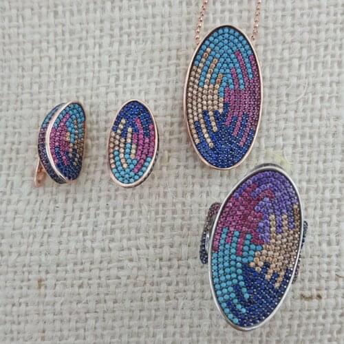 Silver Set 925 Sterling Silver Rainbow Ring Earing Necklace Set