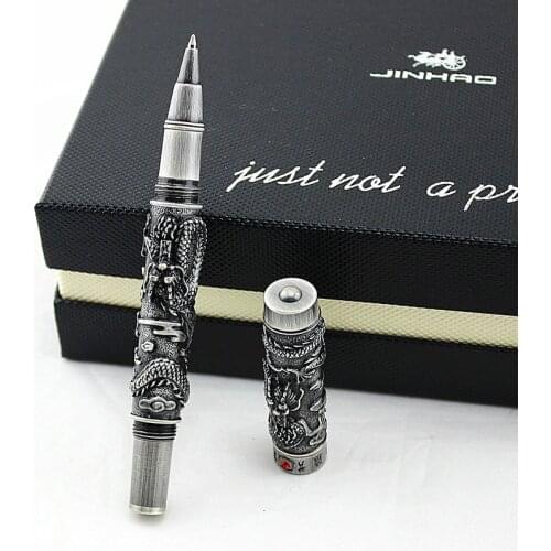 Jinhao Vintage Luxurious Rollerball Pen Double Dragon Playing Pearl, Ancient Gray Metal Carving Embossing Heavy Pen Collection