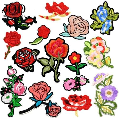 Embroidery Red Flower Patch Applique Rose Iron on Patches for Clothing Badges Fabric Stickers on Clothes Transfer Sew on Jacket