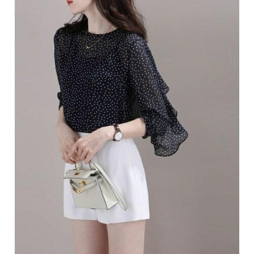 Womens Spring Summer Style Chiffon Blouse Shirt Womens O-Neck Long Sleeve Polka Dot Ruffles Elegant Tops SP1123