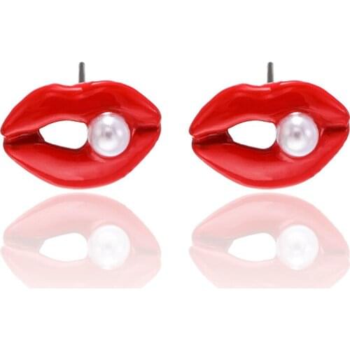 2020 New Trendy Red Sexy Inlay Earrings for Women Fashion Imitation Pearl Stud Earrings Party Female Jewelry Accessories