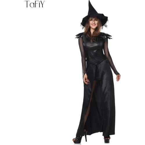 TaFiY Sexy Adult Halloween Witch Costume For Women Sexy Fashion Long Dresses With Black Witch Hat Carnival Party Costumes