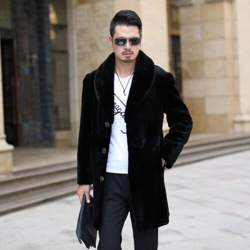 Winter Mens Black Faux Fur Overcoat Fur Collar Single Breasted Casual Warm Outwear K99
