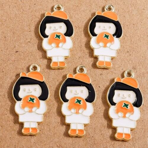10pcs 14*27mm Cute Enamel Girl Eating Orange Charms for Jewelry Making Alloy Charms Necklaces Earrings Pendants DIY Crafts Gift