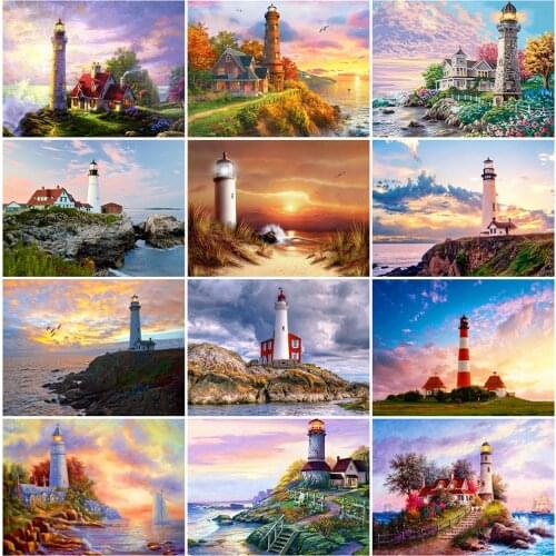 EverShine 5D DIY Diamond Painting Landscape Full Square Drill Diamond Mosaic Lighthouse Beaded Embroidery Seaside Wall Art
