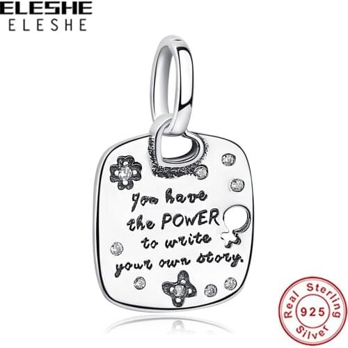 Authentic 925 Sterling Silver With Crystal CZ Bead Square Pendant Charm Fit Women Bracelets Necklace DIY Jewelry Gift