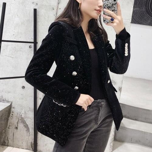 Blazer Feminino 2020 Early Spring Silver Button Shawl Collar Shiny Star Sequin Velvet Blazer Women Office Jacket Blazer Femme